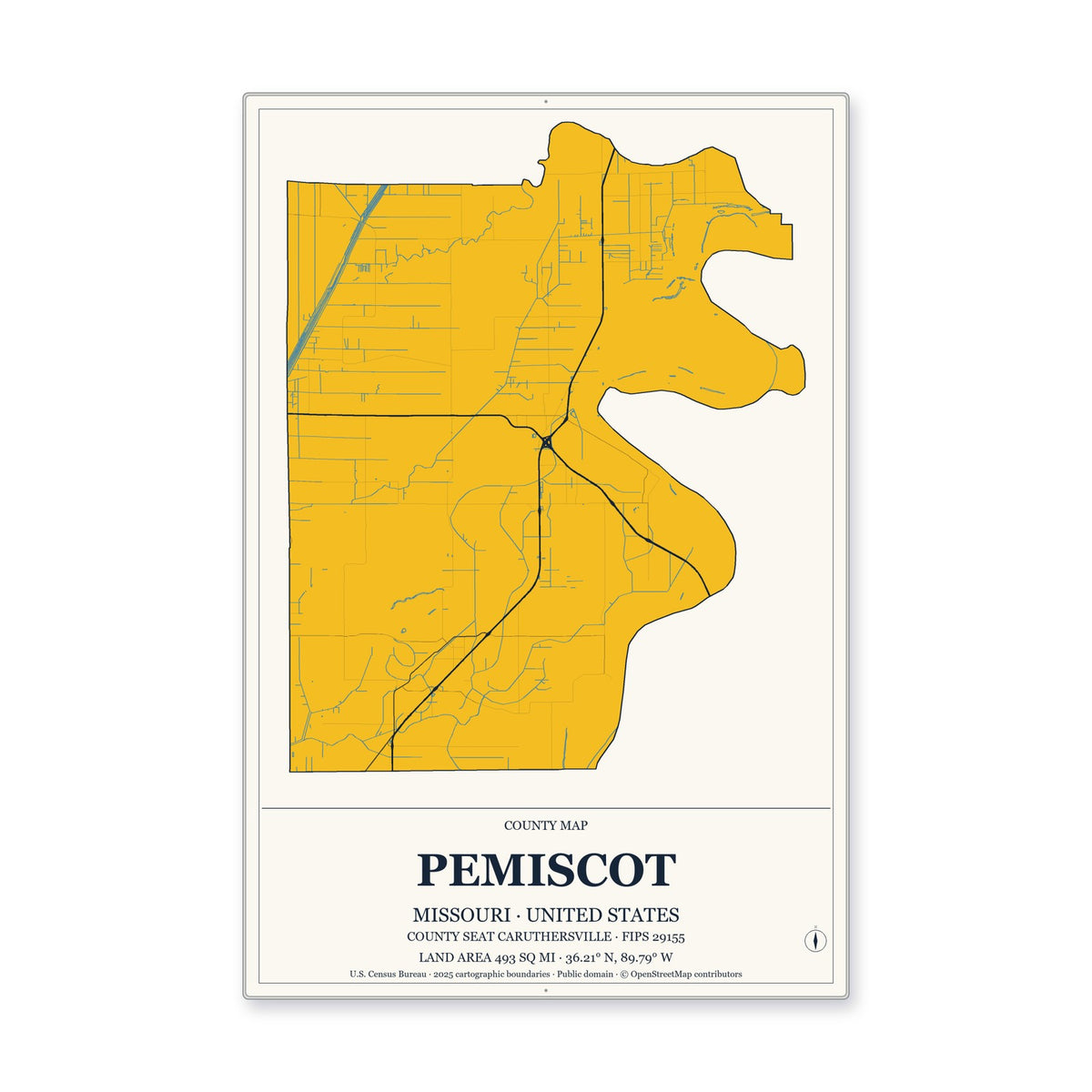 Pemiscot County, Missouri Map Aluminum Sign in Citrine Modern style