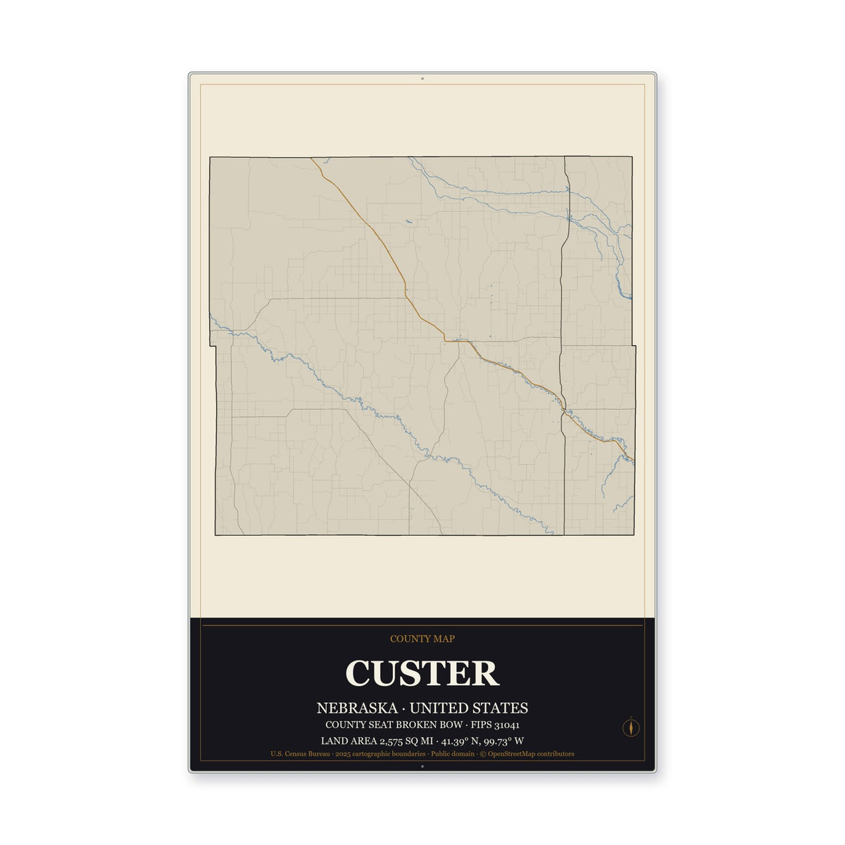 Custer County, Nebraska Map Aluminum Sign in Museum Plaque style