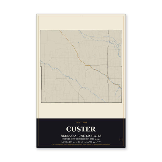 Custer County, Nebraska Map Aluminum Sign in Museum Plaque style