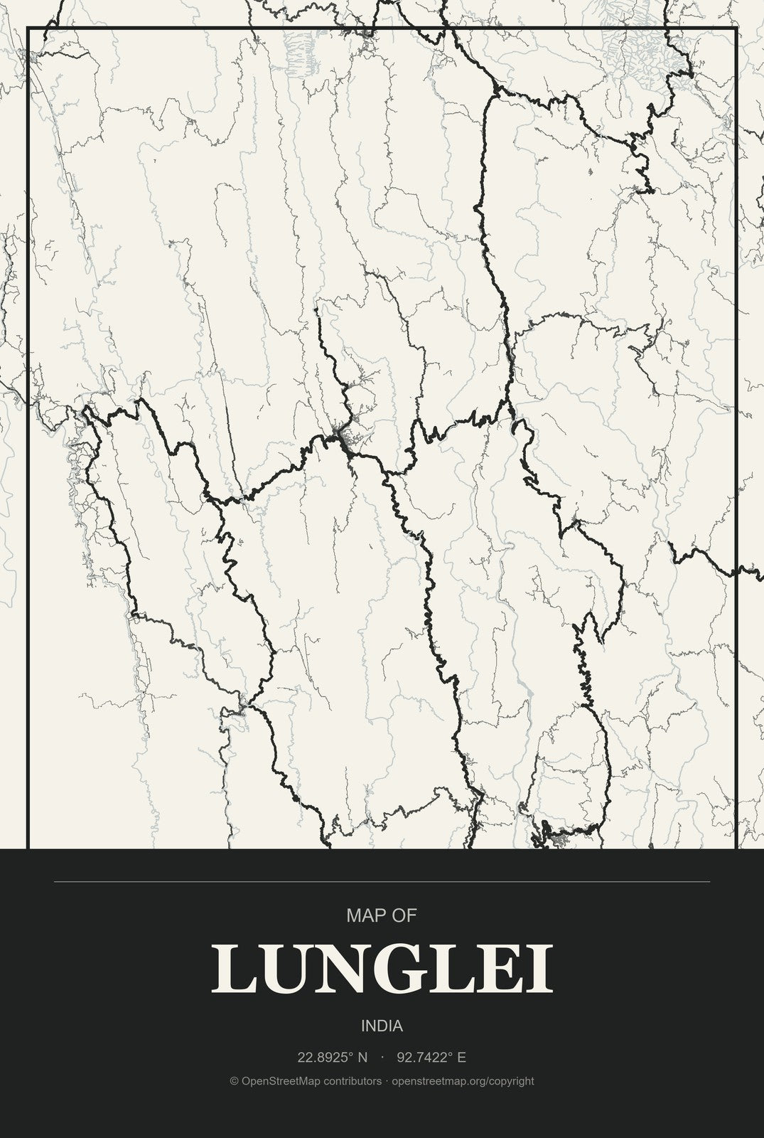 Lunglei, India City Map Aluminum Sign in Museum Plaque style