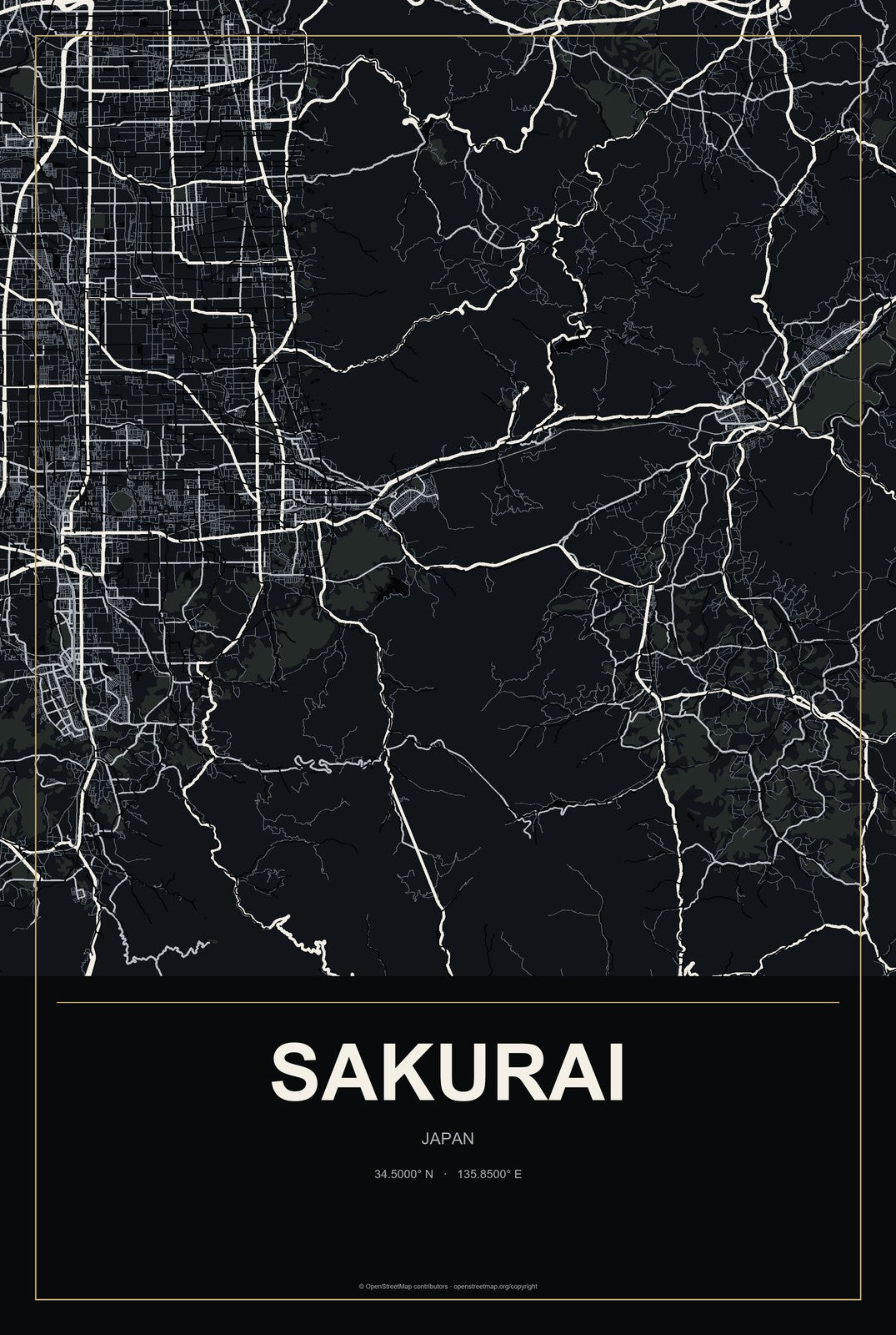 Sakurai, Japan City Map Aluminum Sign in Metropolitan Noir style