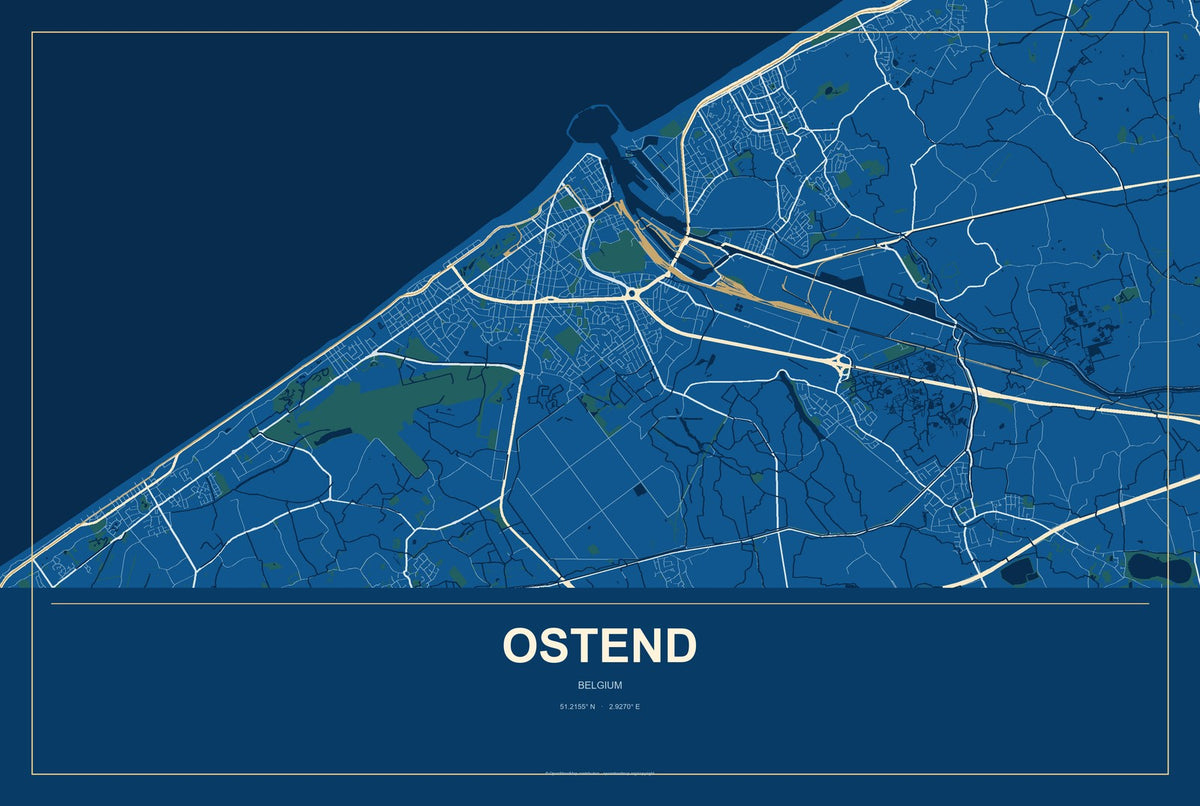 Ostend, Belgium City Map Aluminum Sign in Harbor Cobalt style