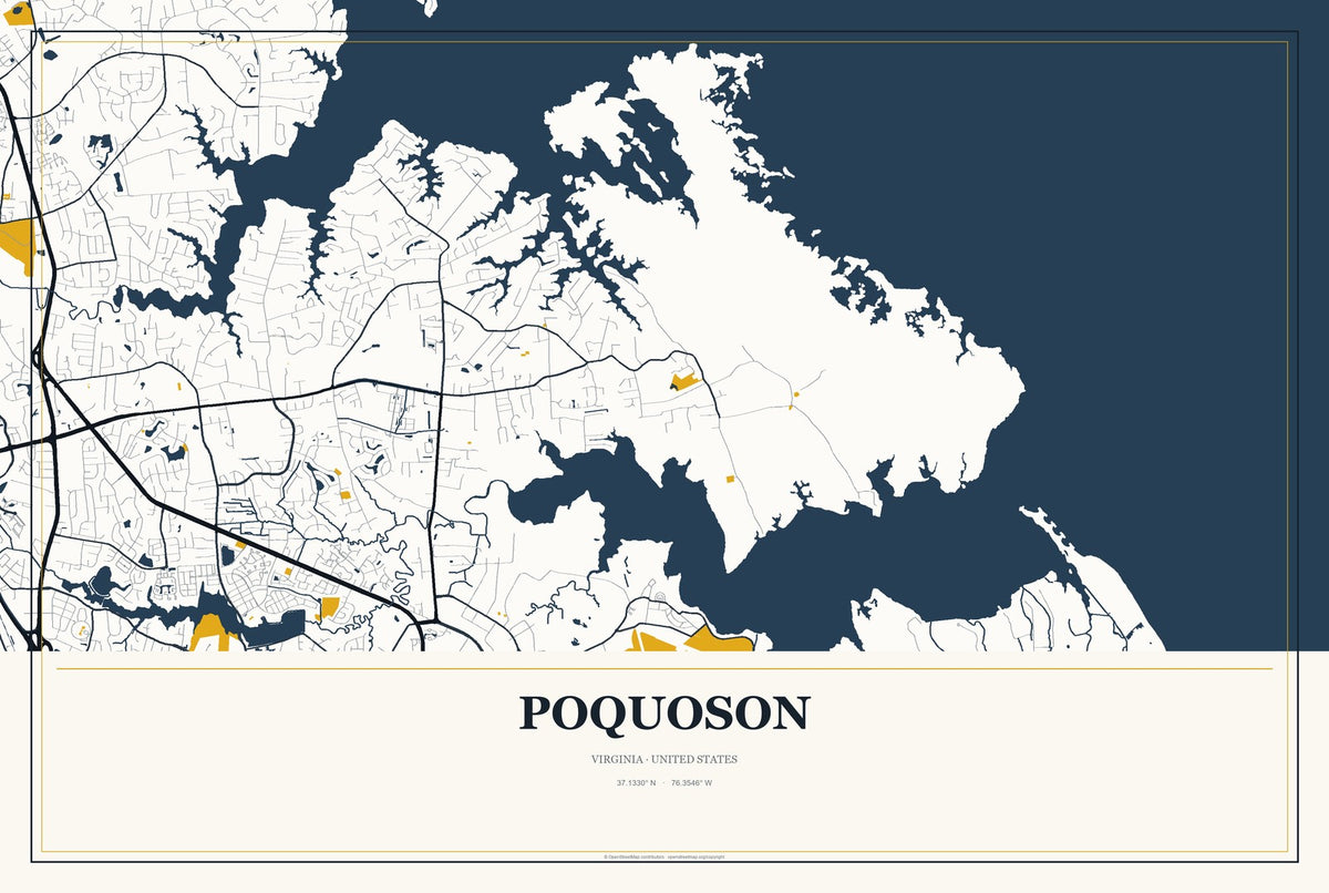 Poquoson, Virginia City Map Aluminum Sign in Citrine Modern style