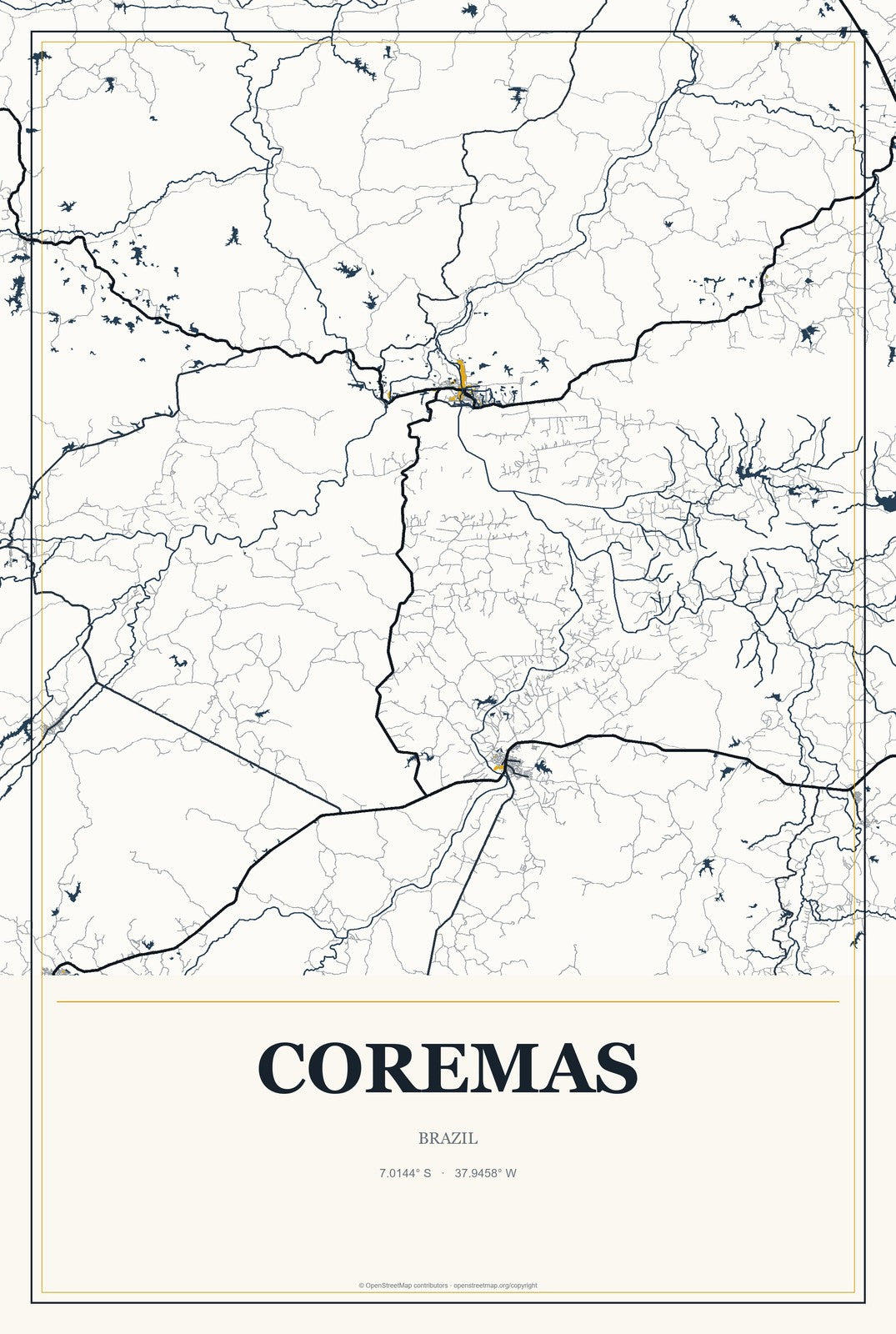 Coremas, Brazil City Map Aluminum Sign in Citrine Modern style