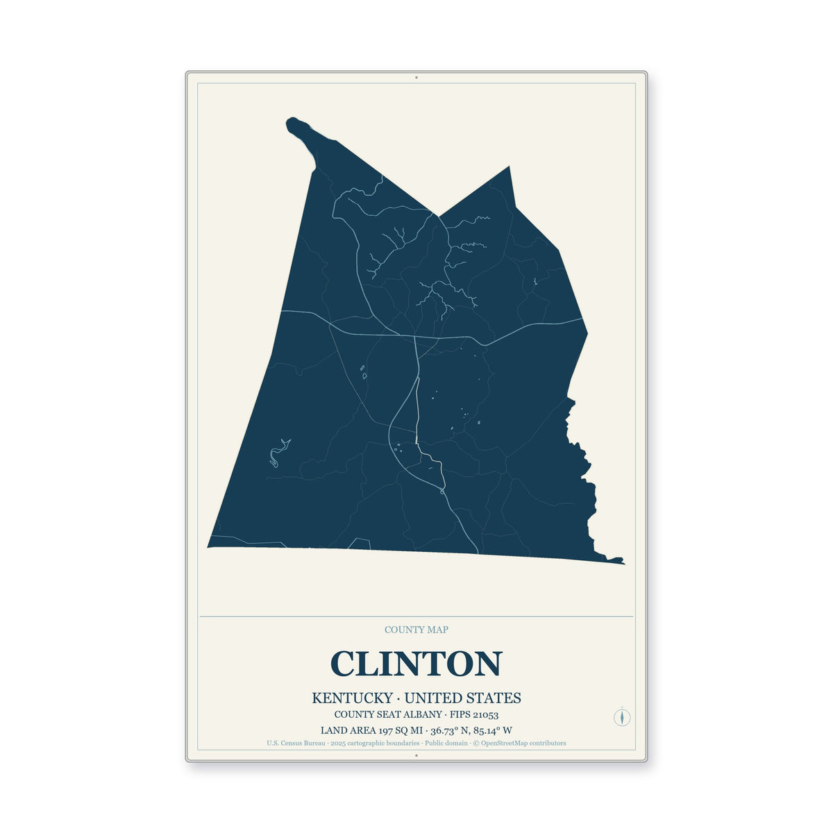 Clinton County, Kentucky Map Aluminum Sign in Coastal Cutout style