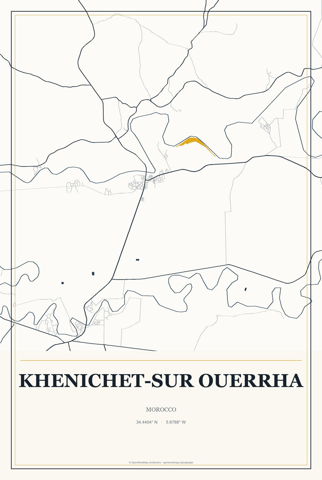 Khenichet-sur Ouerrha, Morocco City Map Aluminum Sign in Citrine Modern style