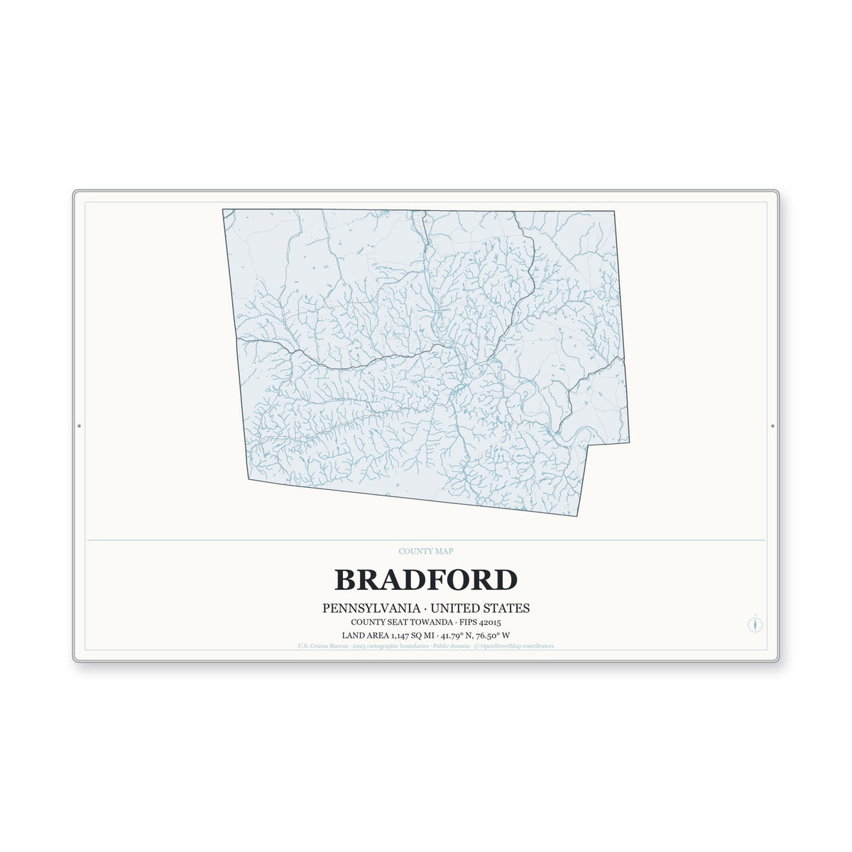 Bradford County, Pennsylvania Map Aluminum Sign in Gallery Air style