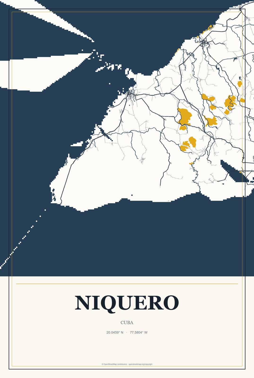 Niquero, Cuba City Map Aluminum Sign in Citrine Modern style