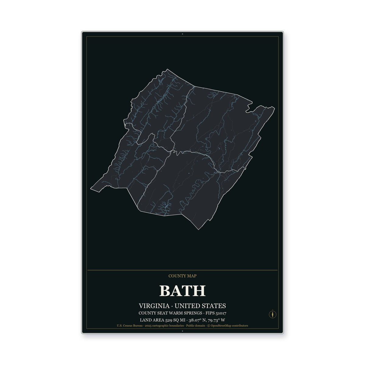 Bath County, Virginia Map Aluminum Sign in Metropolitan Noir style