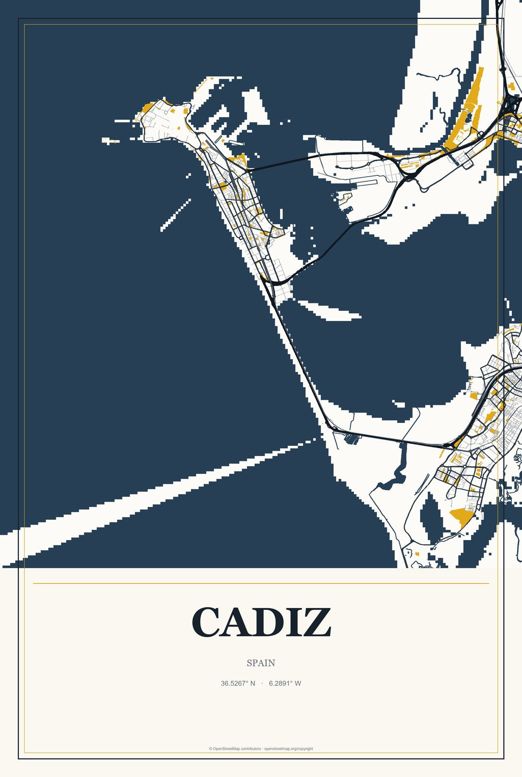Cadiz, Spain City Map Aluminum Sign in Citrine Modern style