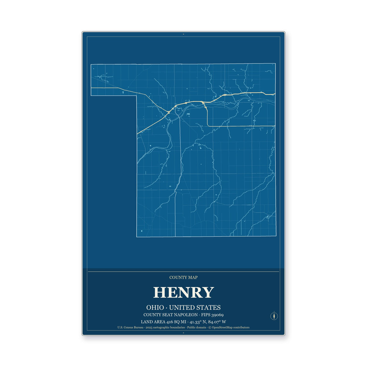 Henry County, Ohio Map Aluminum Sign in Harbor Cobalt style
