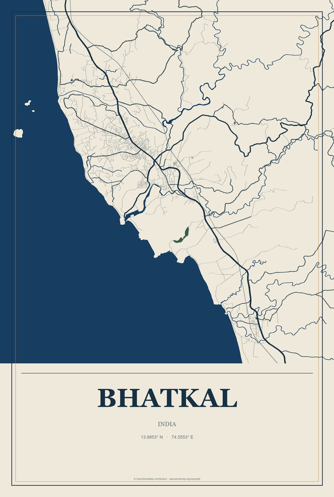 Bhatkal, India City Map Aluminum Sign in Coastal Cutout style
