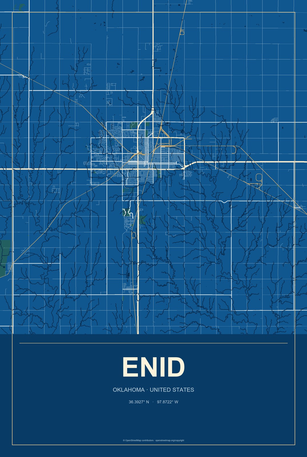 Enid, Oklahoma City Map Aluminum Sign in Harbor Cobalt style