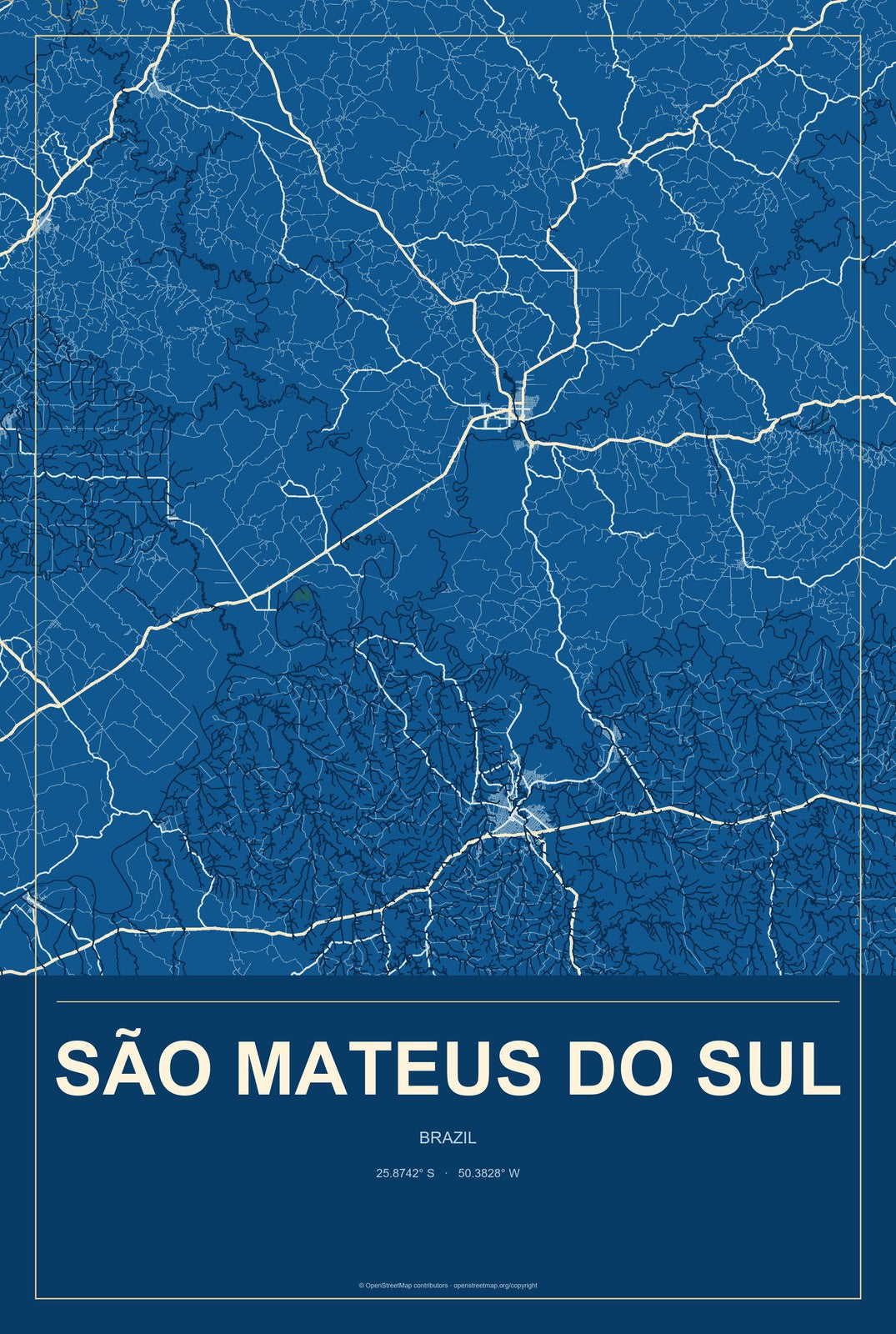 São Mateus do Sul, Brazil City Map Aluminum Sign in Harbor Cobalt style