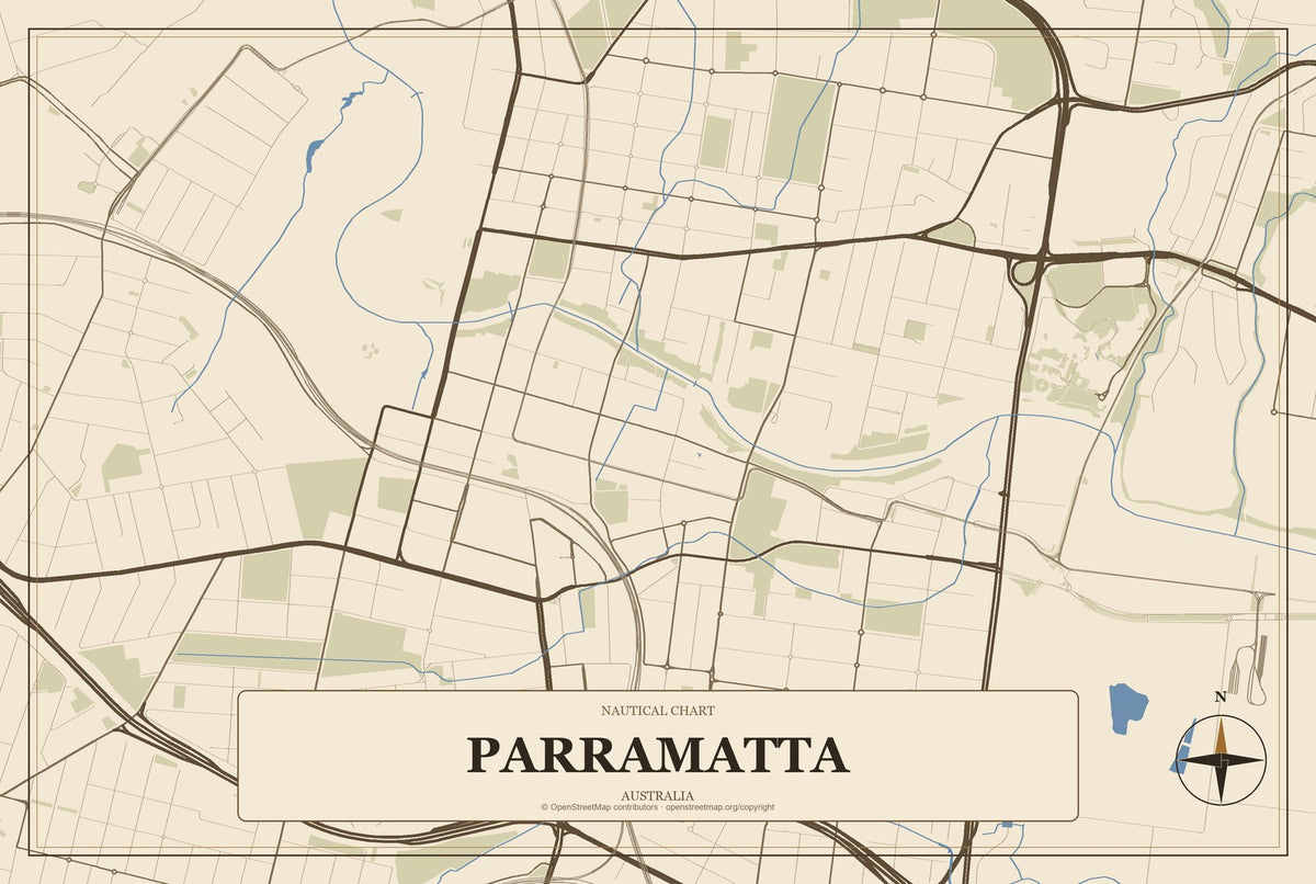 Parramatta, Australia City Map Aluminum Sign in Heritage Nautical style