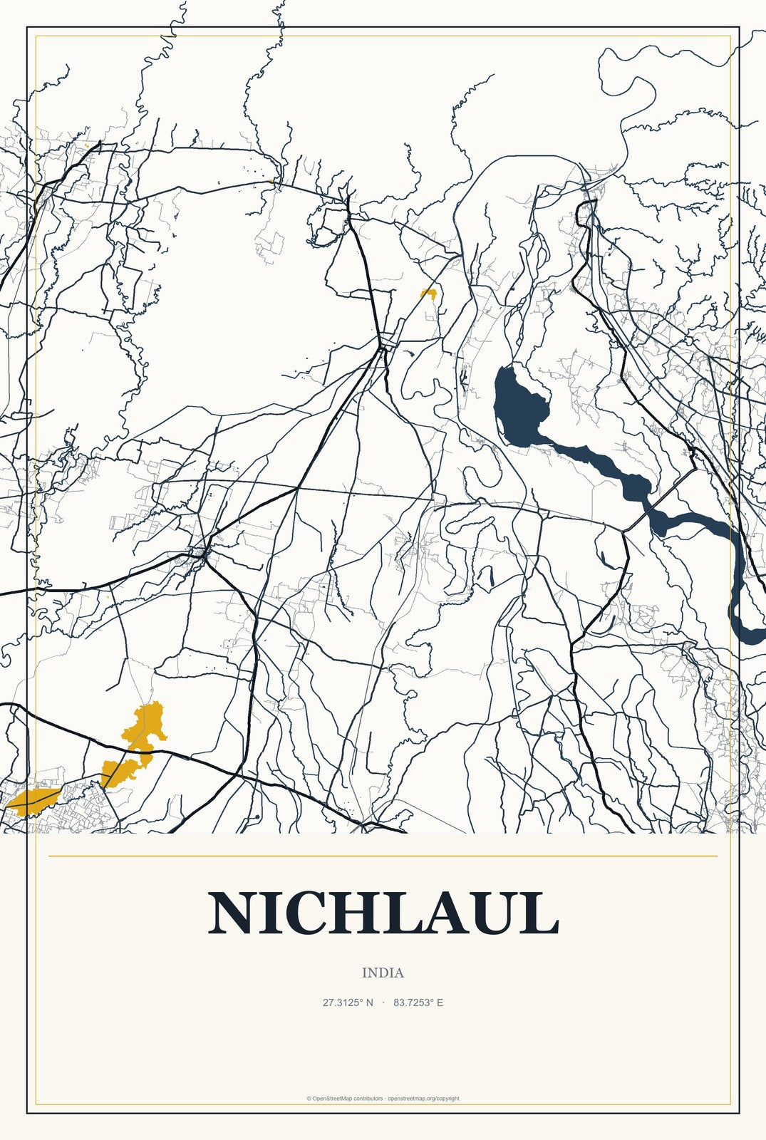 Nichlaul, India City Map Aluminum Sign in Citrine Modern style
