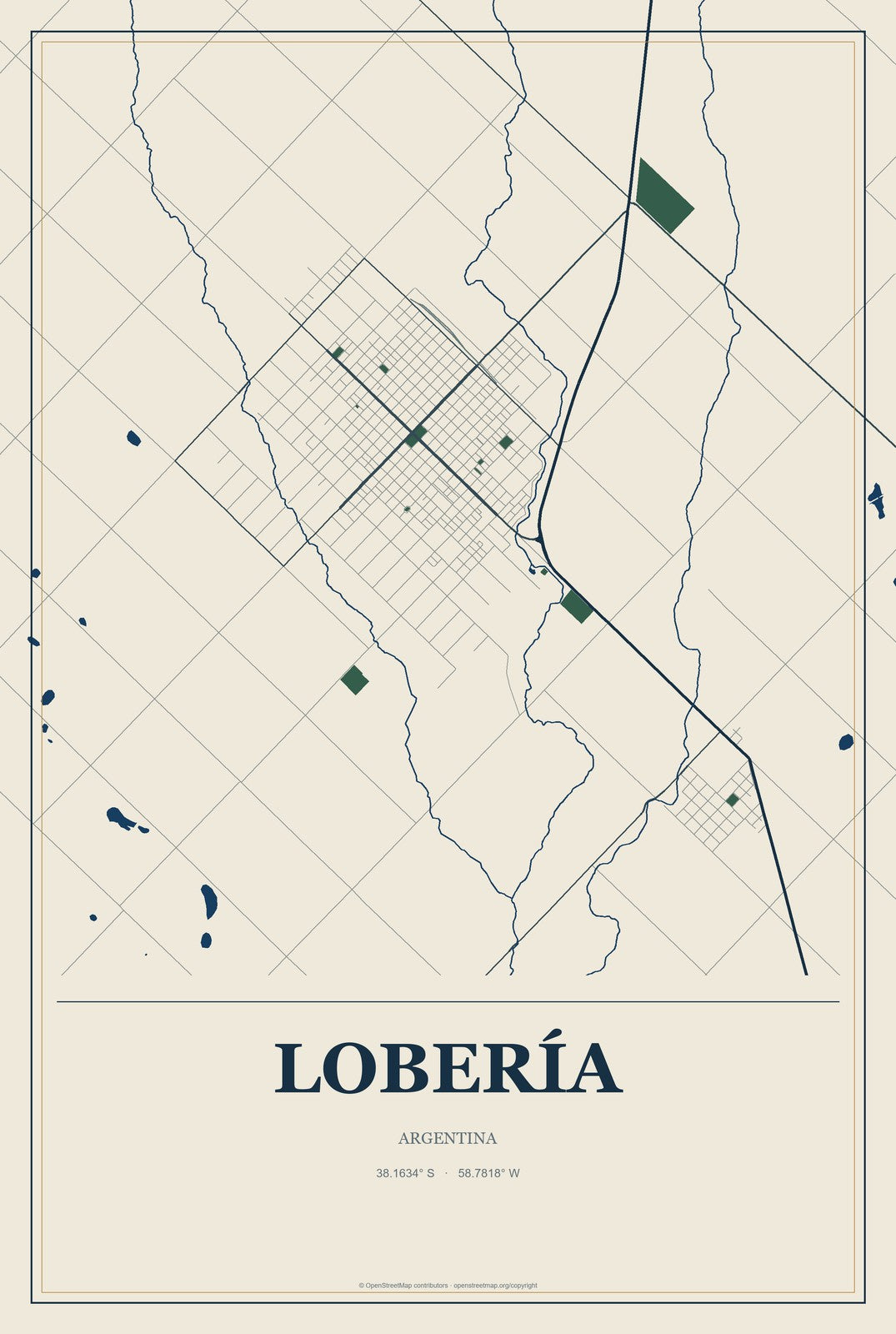Lobería, Argentina City Map Aluminum Sign in Coastal Cutout style
