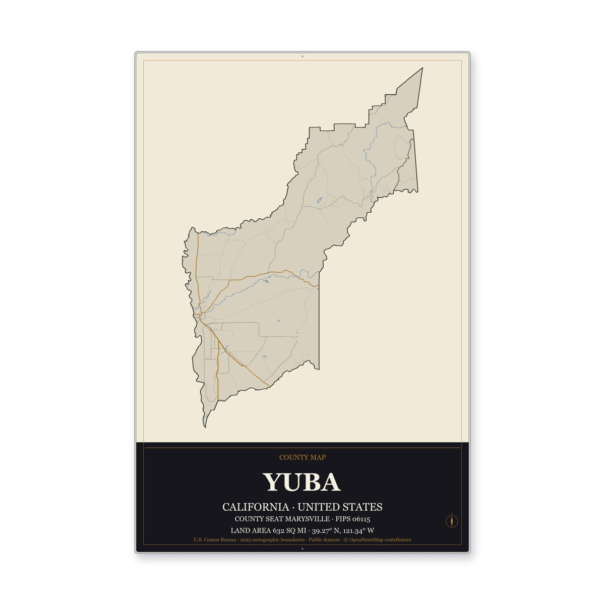 Yuba County, California Map Aluminum Sign in Museum Plaque style