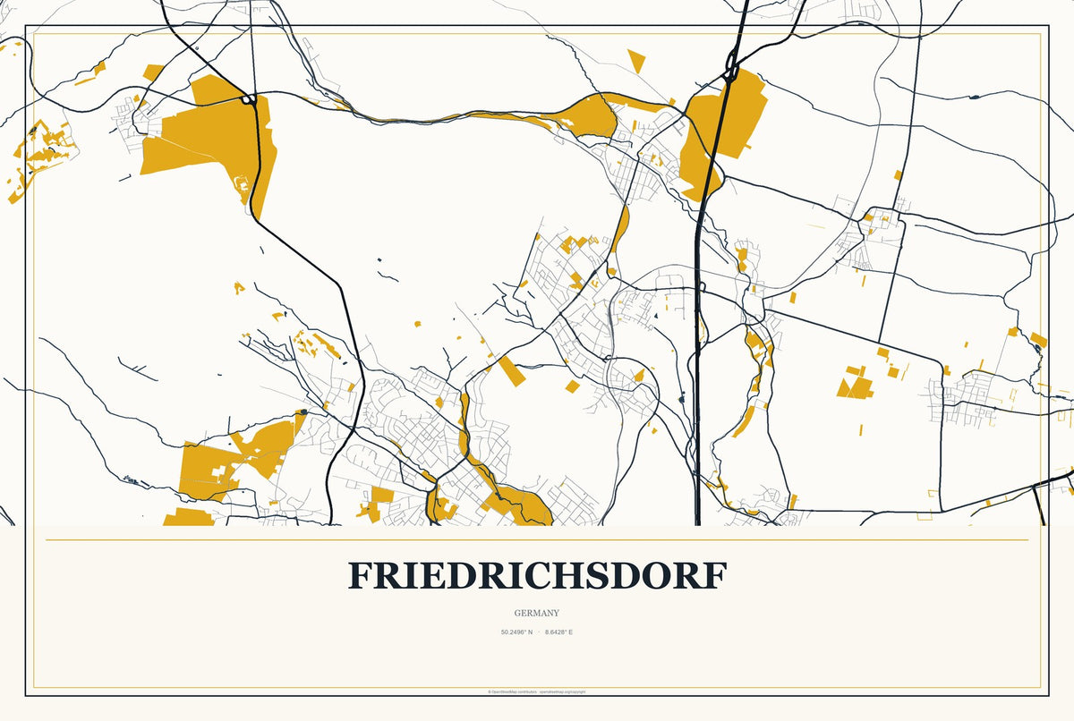 Friedrichsdorf, Germany City Map Aluminum Sign in Citrine Modern style