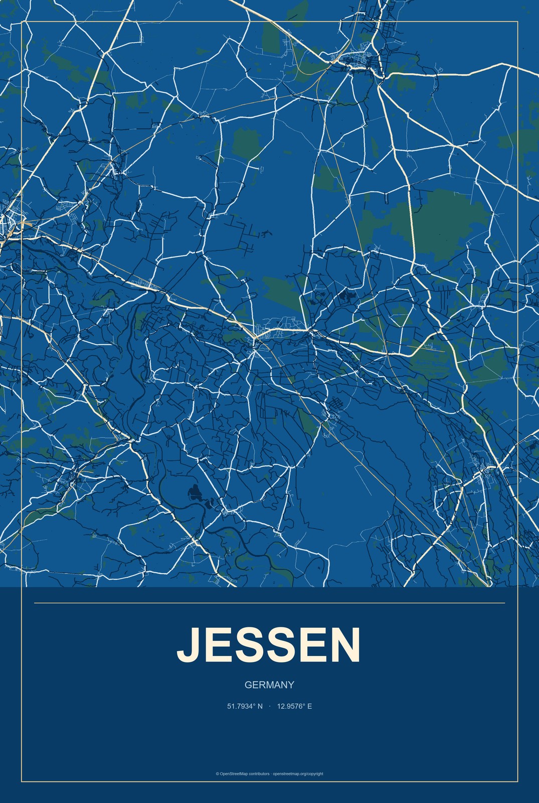 Jessen, Germany City Map Aluminum Sign in Harbor Cobalt style