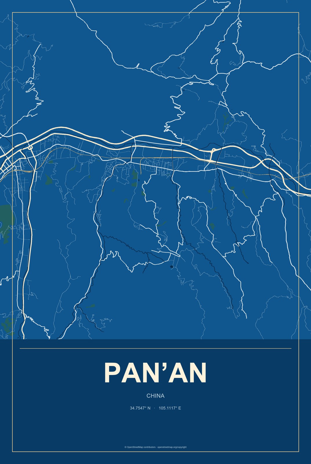 Pan’an, China City Map Aluminum Sign in Harbor Cobalt style