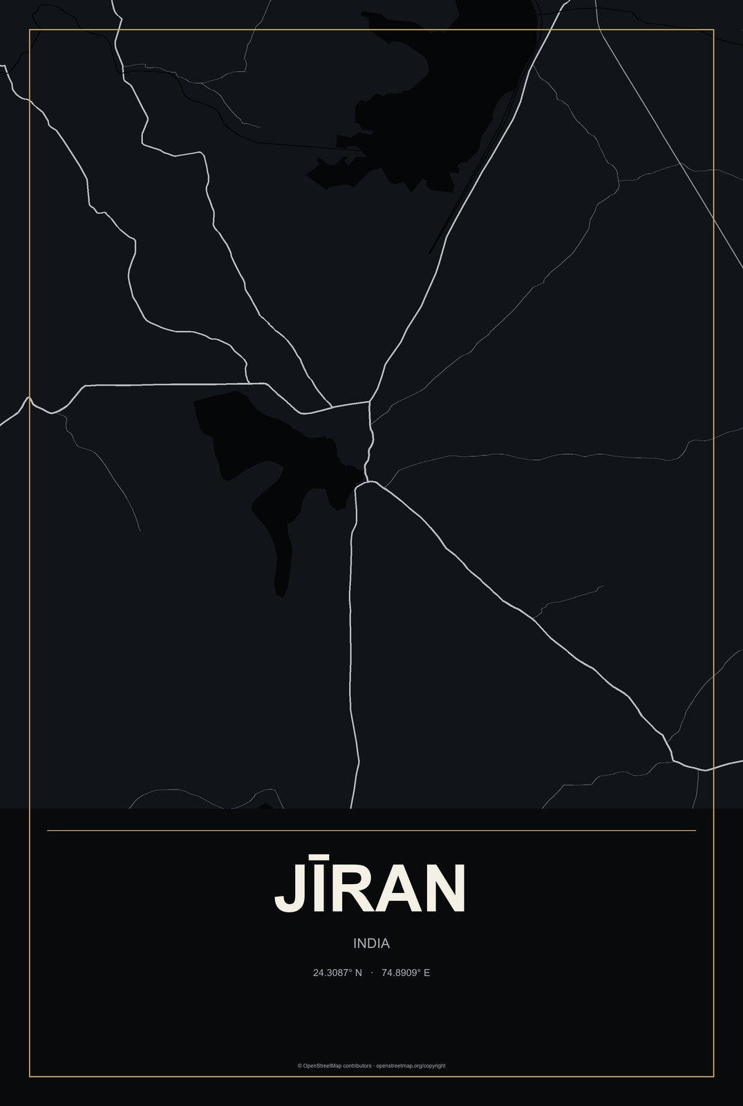 Jīran, India City Map Aluminum Sign in Metropolitan Noir style