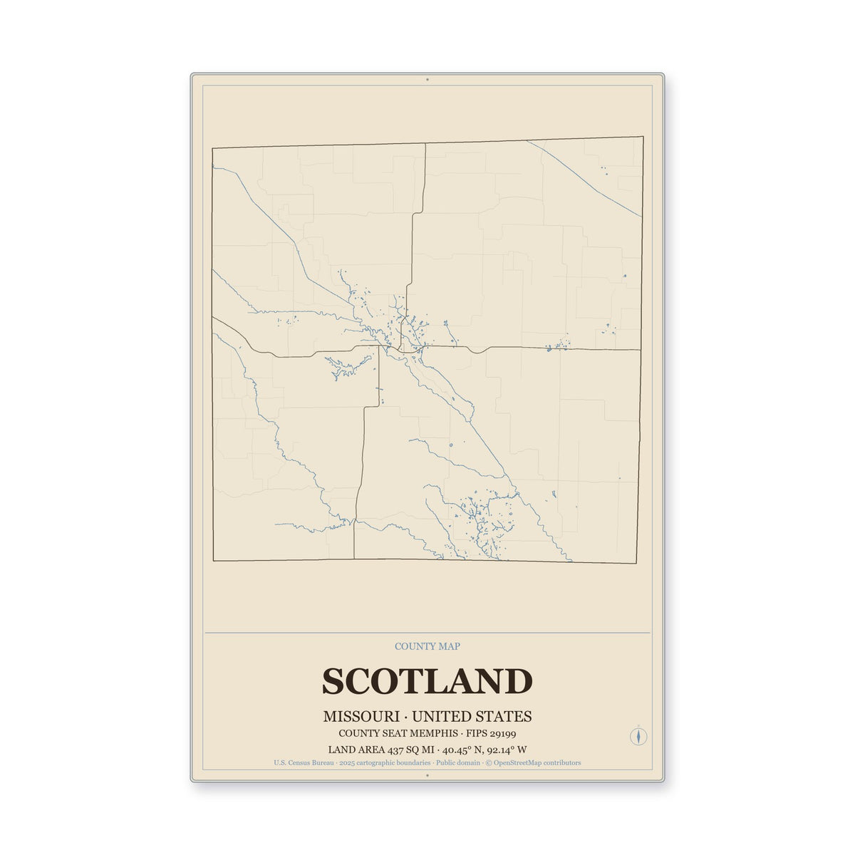 Scotland County, Missouri Map Aluminum Sign in Heritage Nautical style