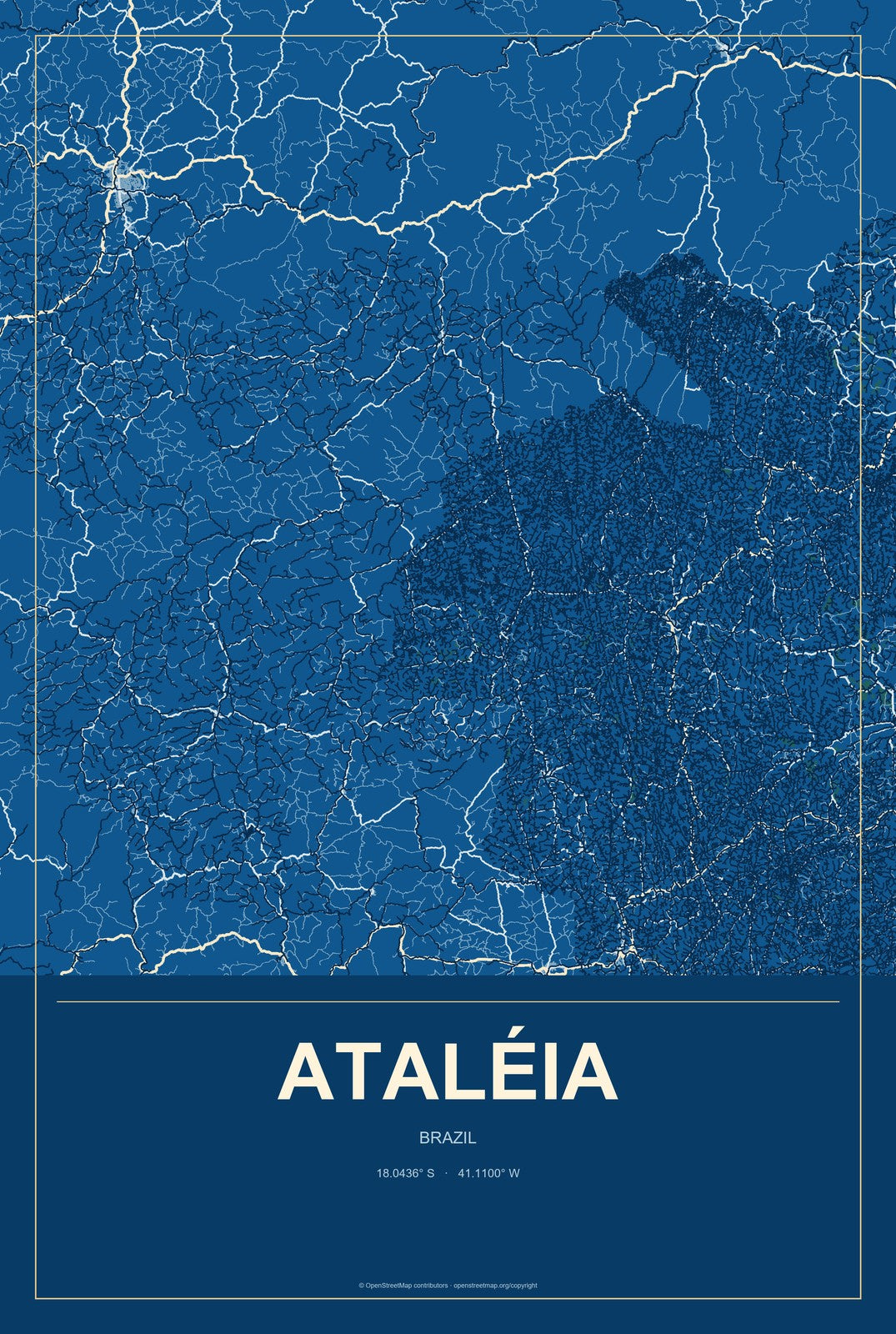 Ataléia, Brazil City Map Aluminum Sign in Harbor Cobalt style
