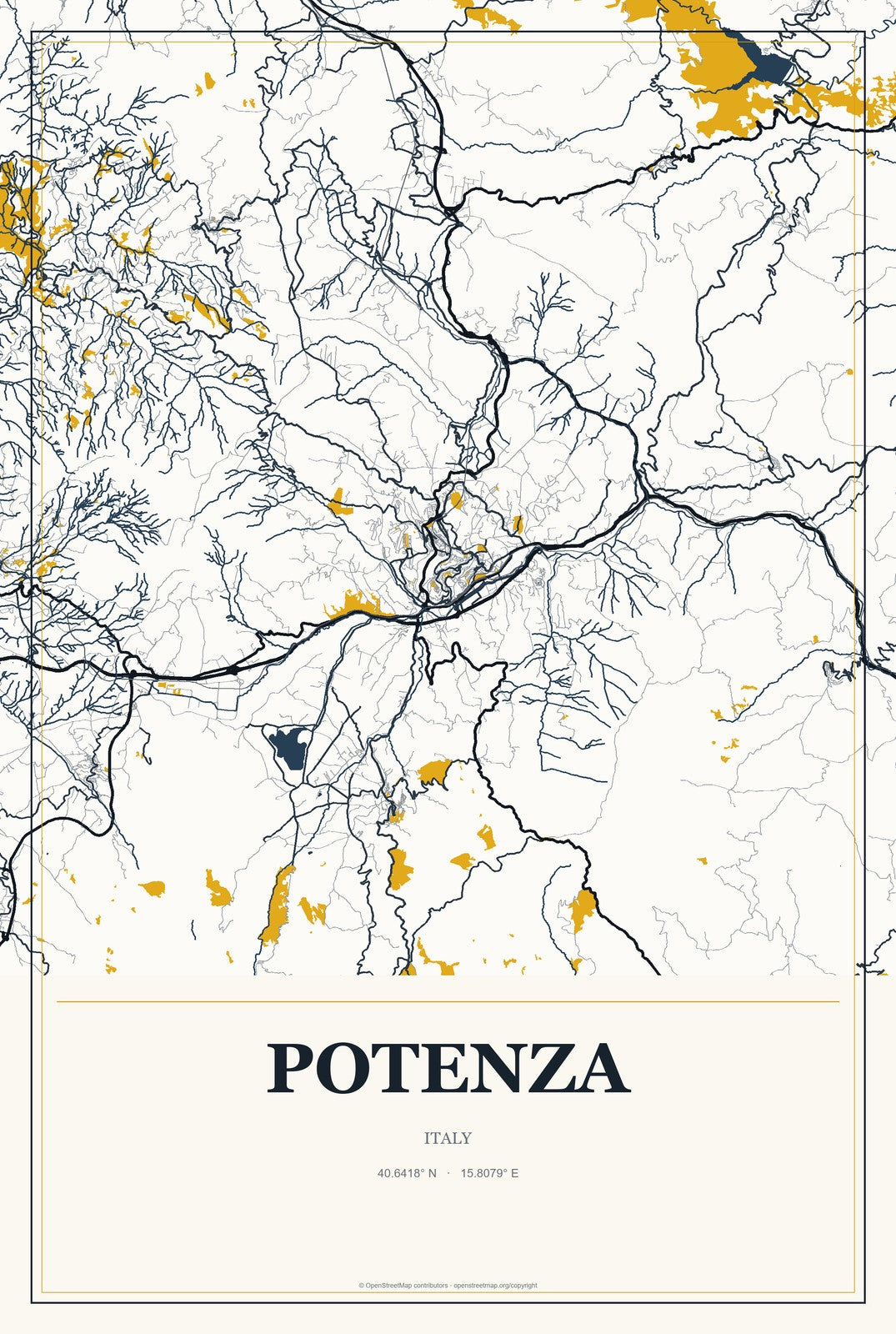 Potenza, Italy City Map Aluminum Sign in Citrine Modern style