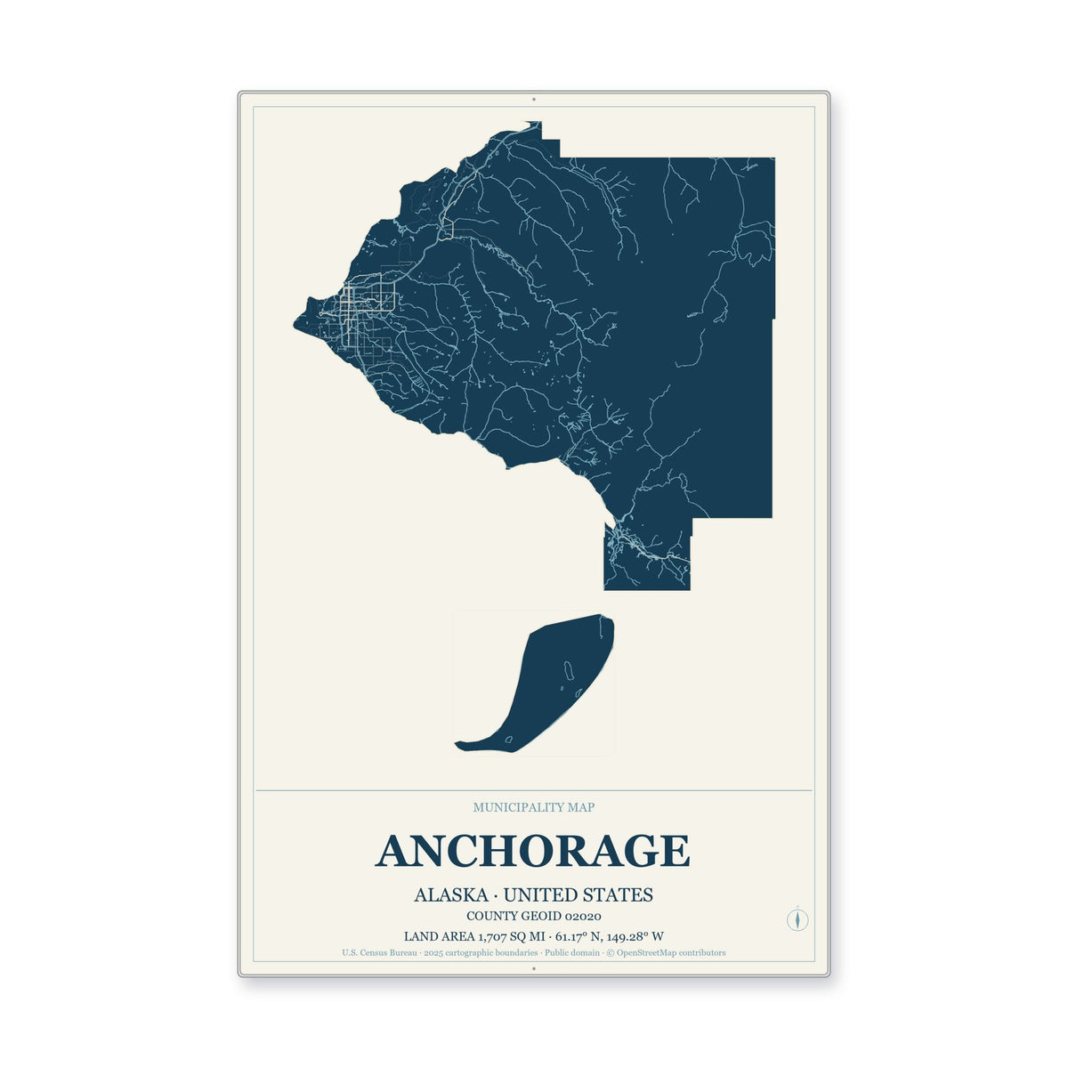 Anchorage Municipality, Alaska Map Aluminum Sign in Coastal Cutout style