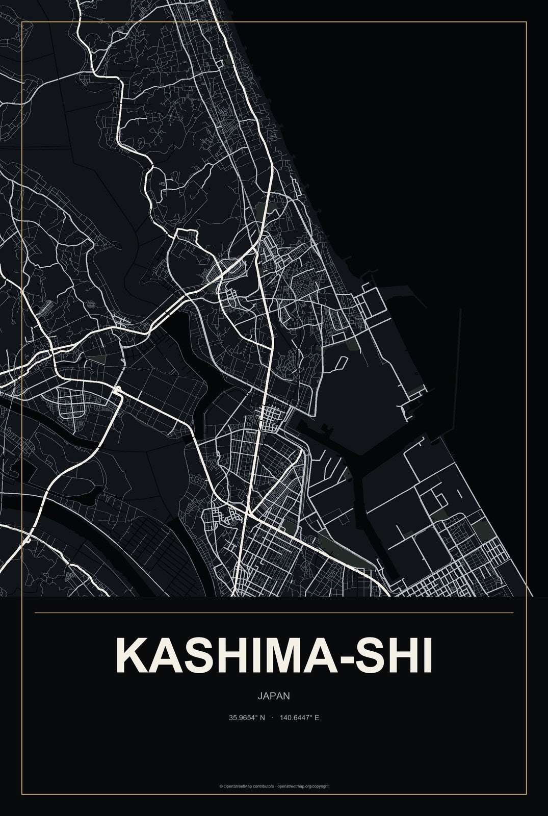 Kashima-shi, Japan City Map Aluminum Sign in Metropolitan Noir style