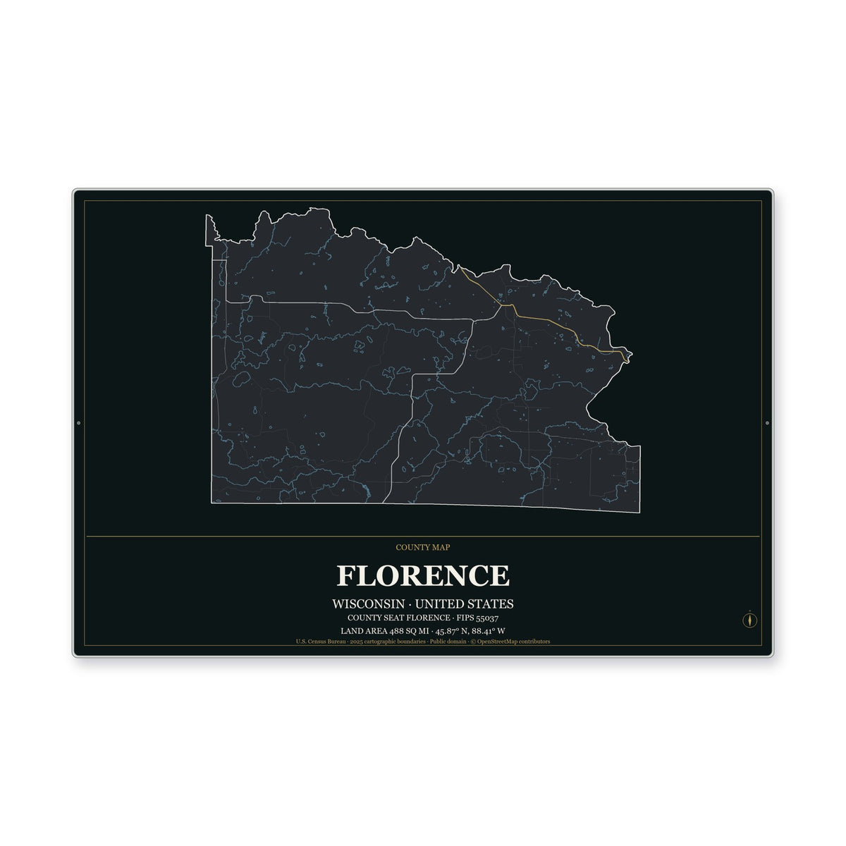 Florence County, Wisconsin Map Aluminum Sign in Metropolitan Noir style
