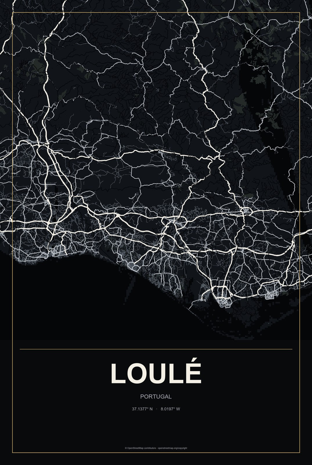 Loulé, Portugal City Map Aluminum Sign in Metropolitan Noir style
