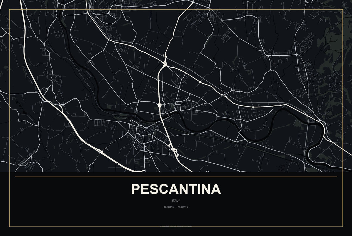 Pescantina, Italy City Map Aluminum Sign in Metropolitan Noir style