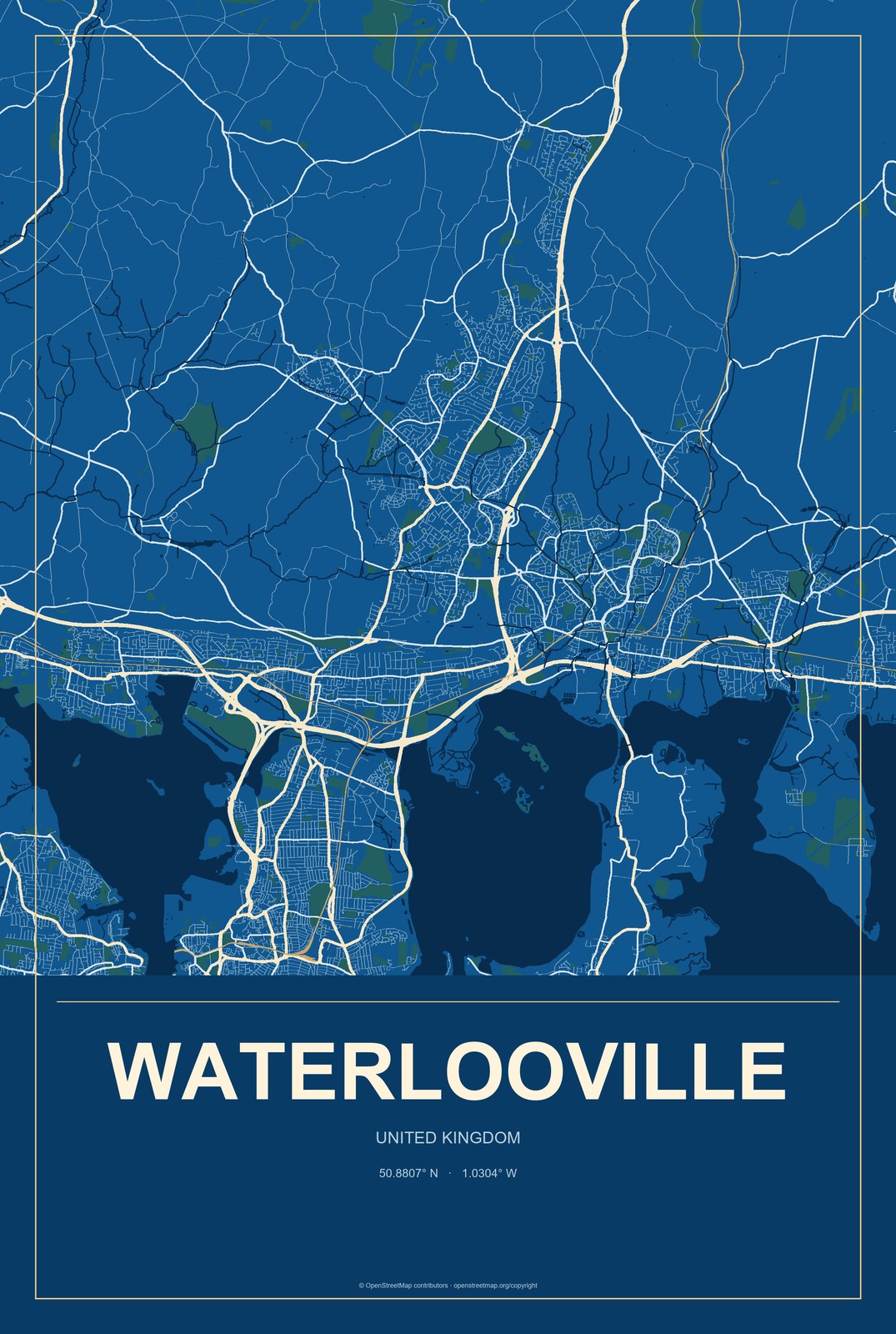 Waterlooville, United Kingdom City Map Aluminum Sign in Harbor Cobalt style