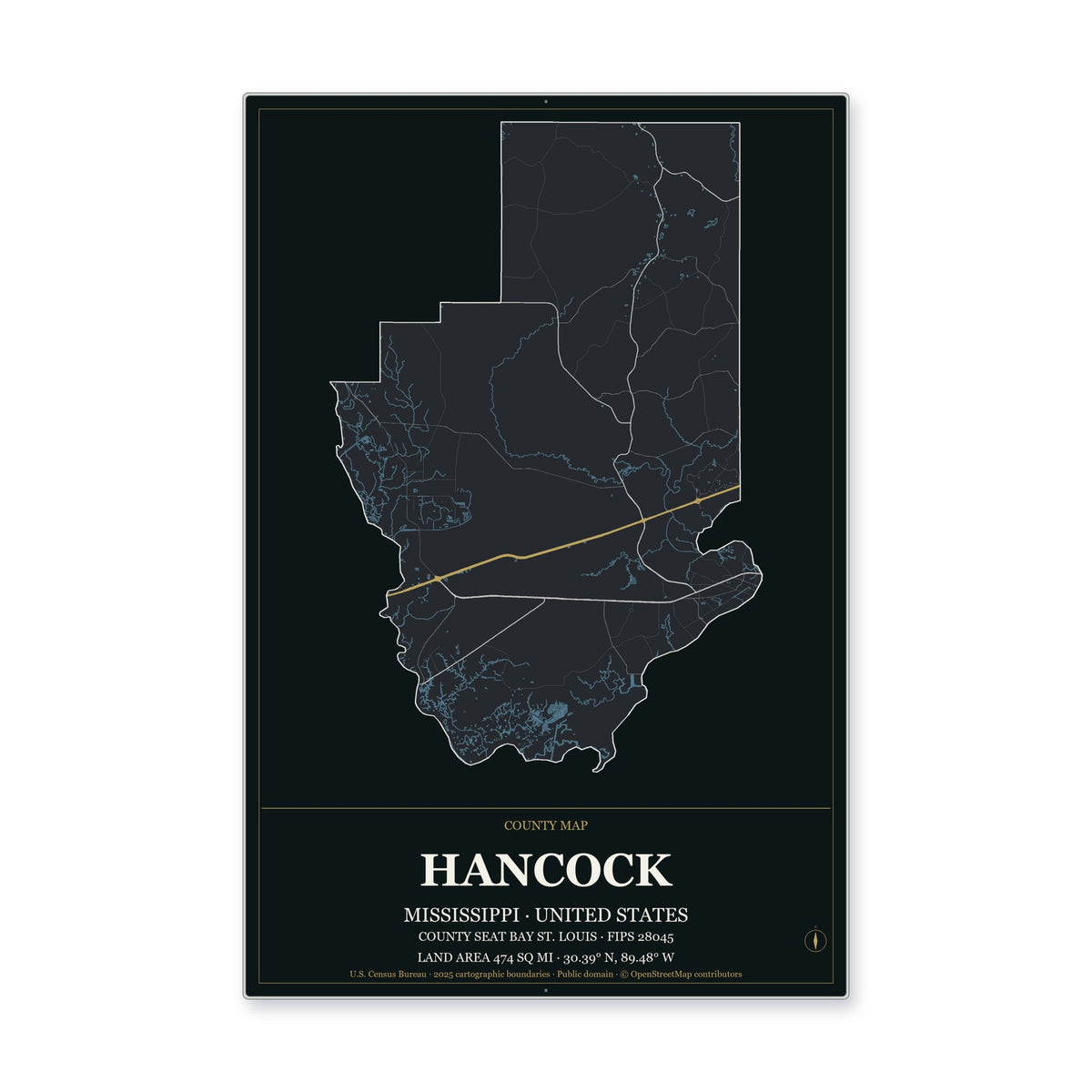 Hancock County, Mississippi Map Aluminum Sign in Metropolitan Noir style