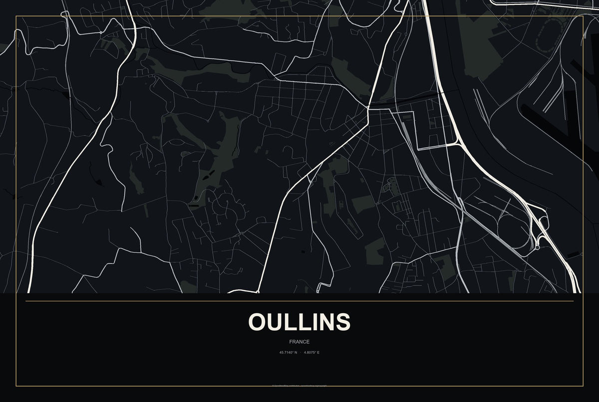 Oullins, France City Map Aluminum Sign in Metropolitan Noir style
