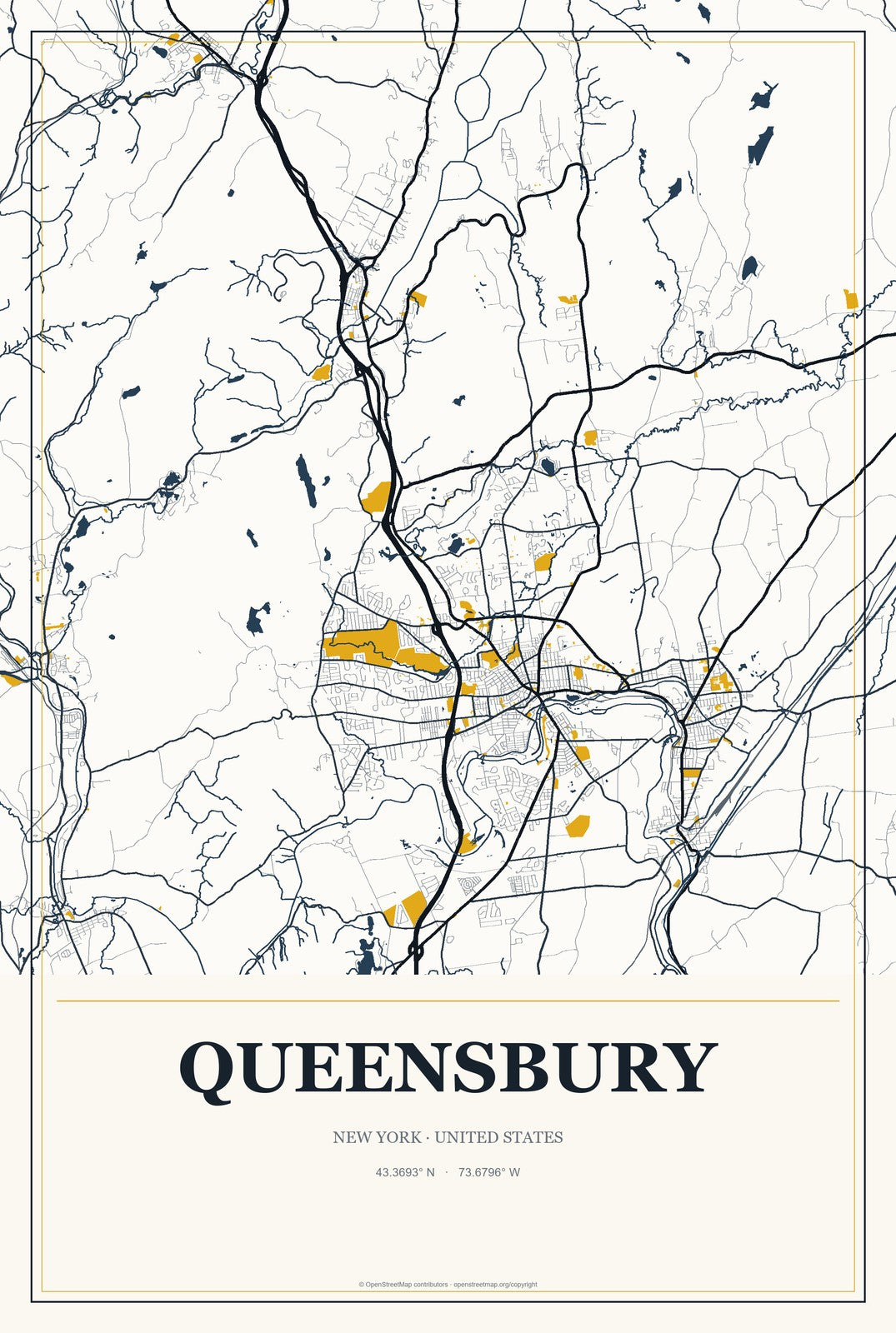Queensbury, New York City Map Aluminum Sign in Citrine Modern style