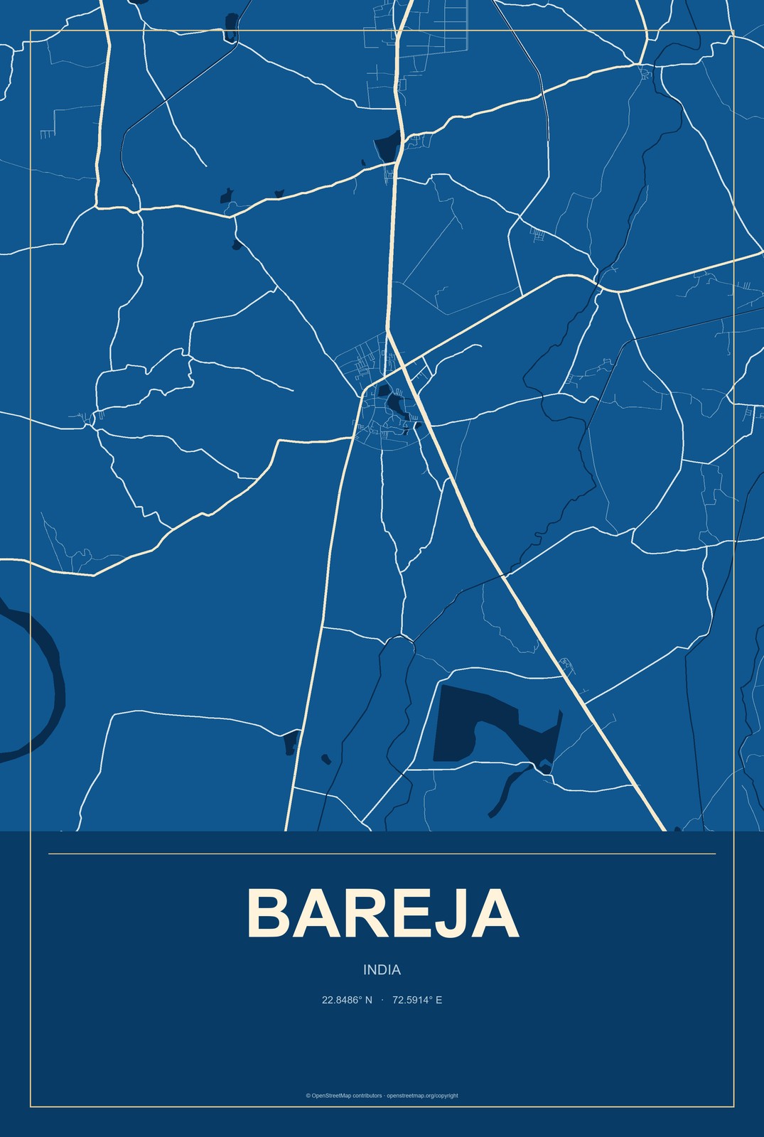 Bareja, India City Map Aluminum Sign in Harbor Cobalt style