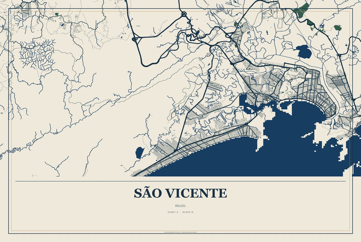 São Vicente, Brazil City Map Aluminum Sign in Coastal Cutout style