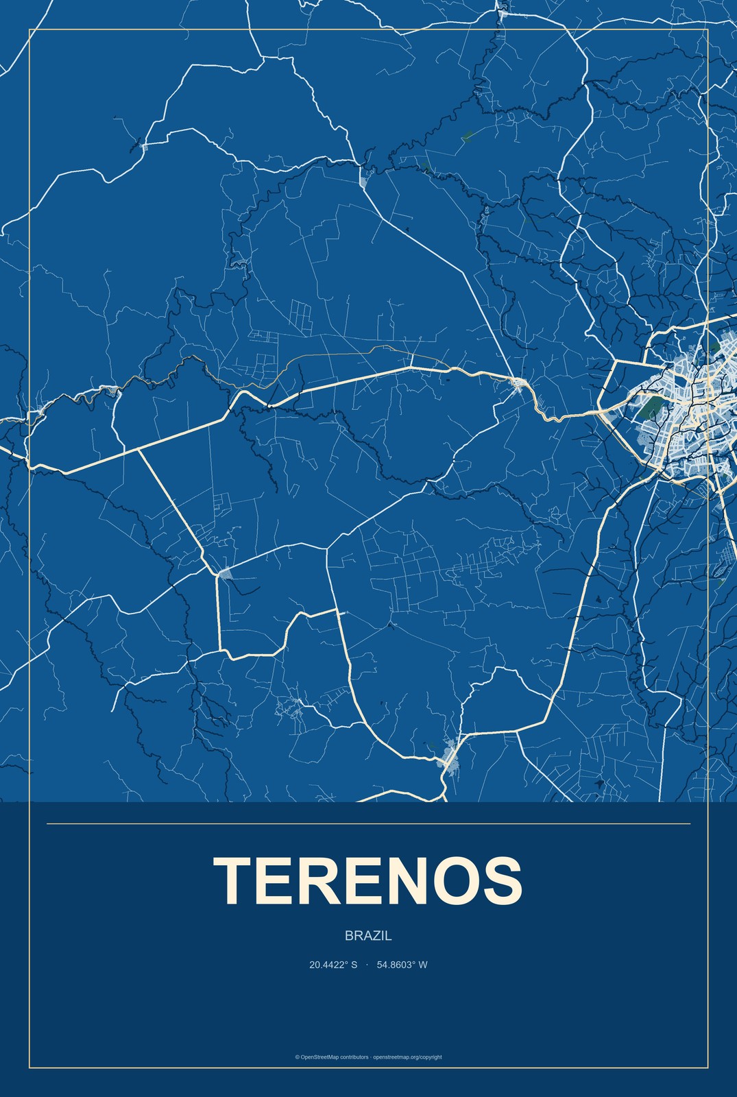 Terenos, Brazil City Map Aluminum Sign in Harbor Cobalt style