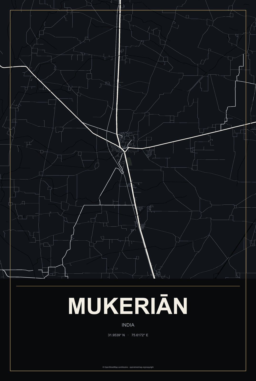 Mukeriān, India City Map Aluminum Sign in Metropolitan Noir style