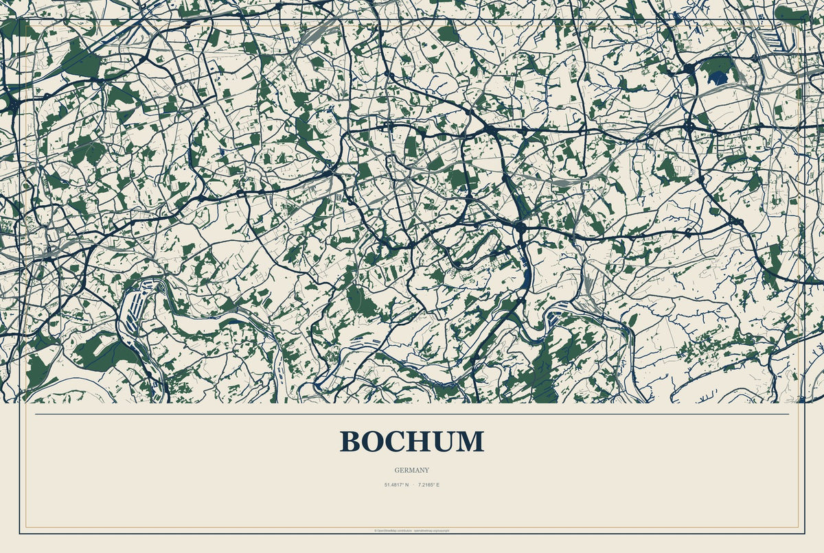 Bochum, Germany City Map Aluminum Sign in Coastal Cutout style