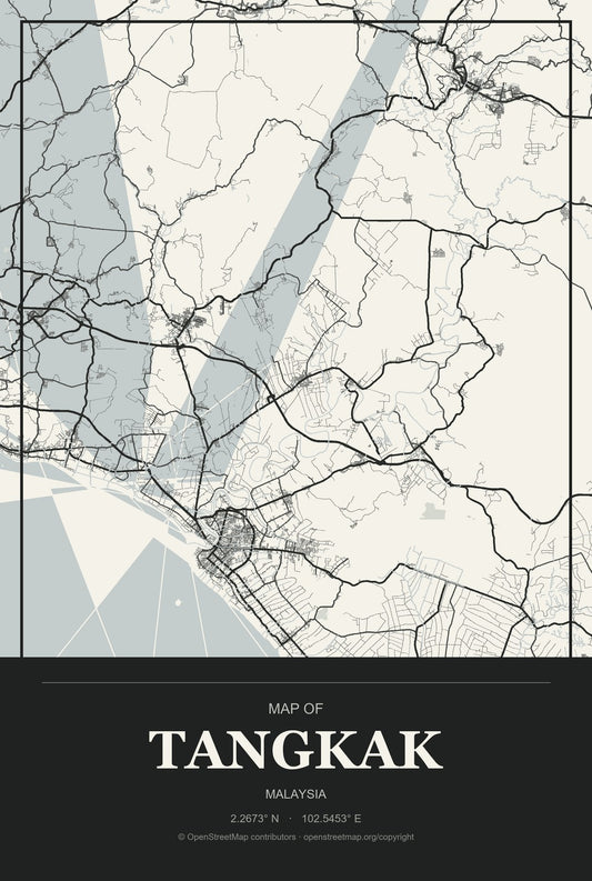 Tangkak, Malaysia City Map Aluminum Sign in Museum Plaque style