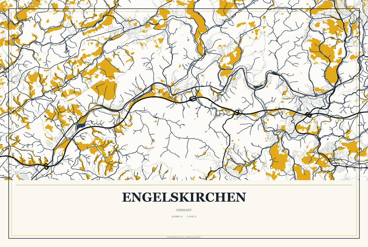 Engelskirchen, Germany City Map Aluminum Sign in Citrine Modern style