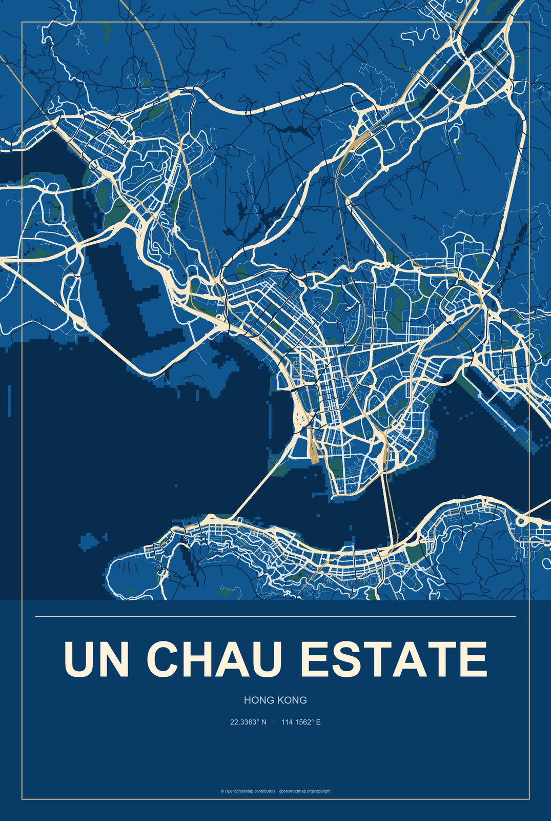 Un Chau Estate, Hong Kong City Map Aluminum Sign in Harbor Cobalt style