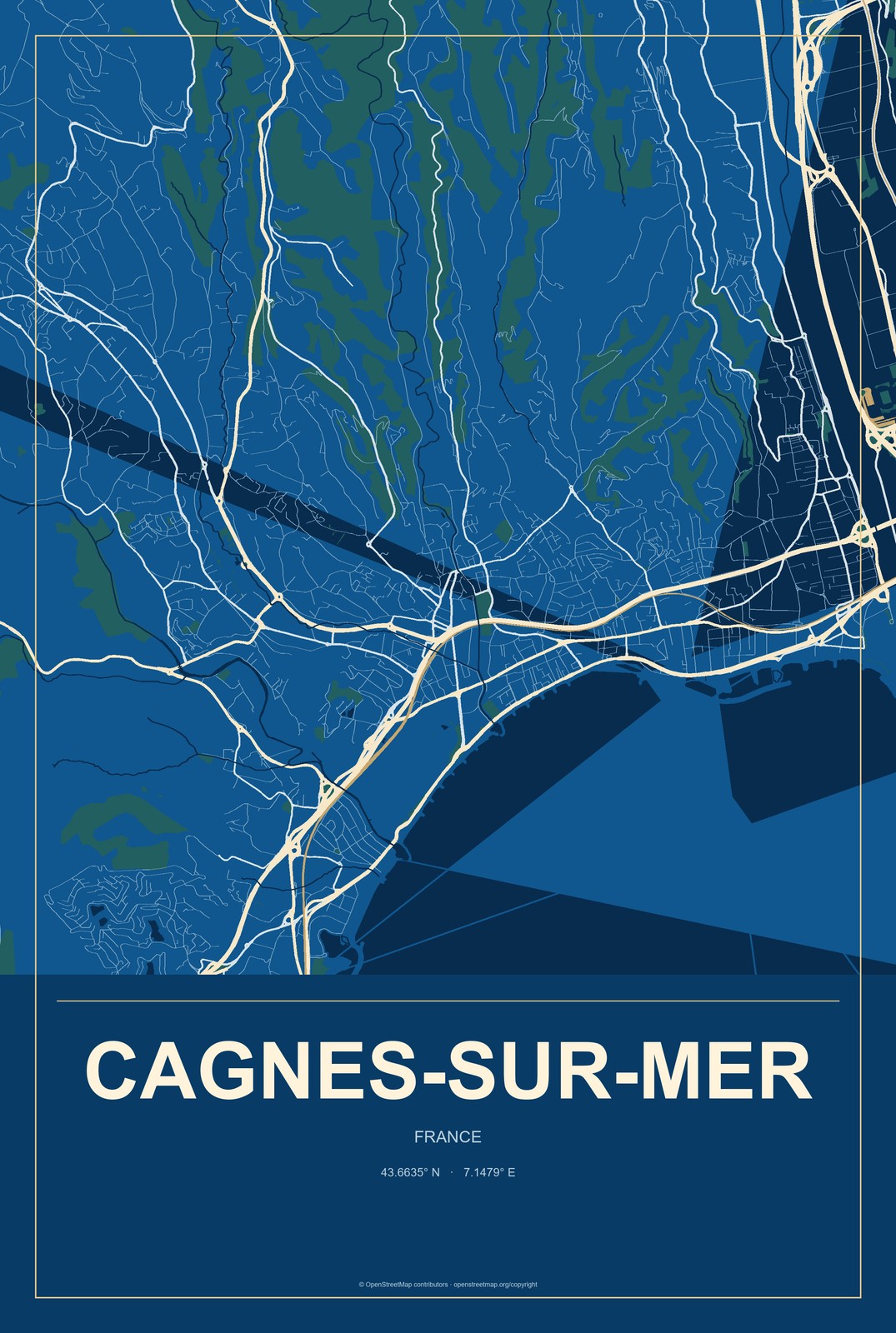 Cagnes-sur-Mer, France City Map Aluminum Sign in Harbor Cobalt style