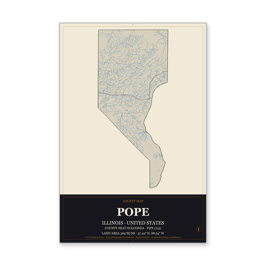 Pope County, Illinois Map Aluminum Sign in Museum Plaque style