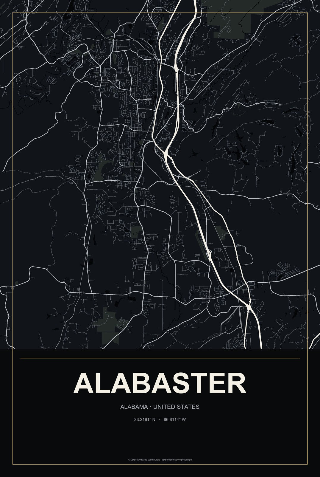Alabaster, Alabama City Map Aluminum Sign in Metropolitan Noir style