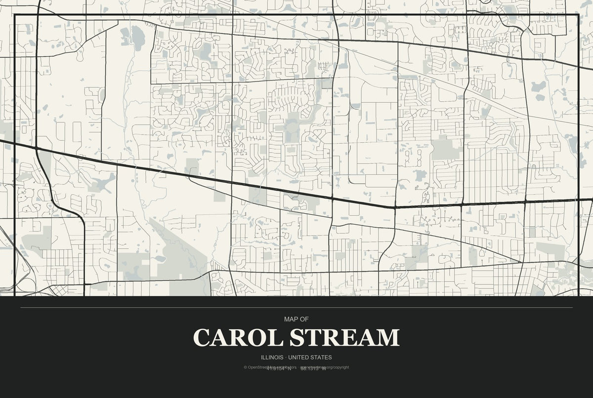 Carol Stream, Illinois City Map Aluminum Sign in Museum Plaque style